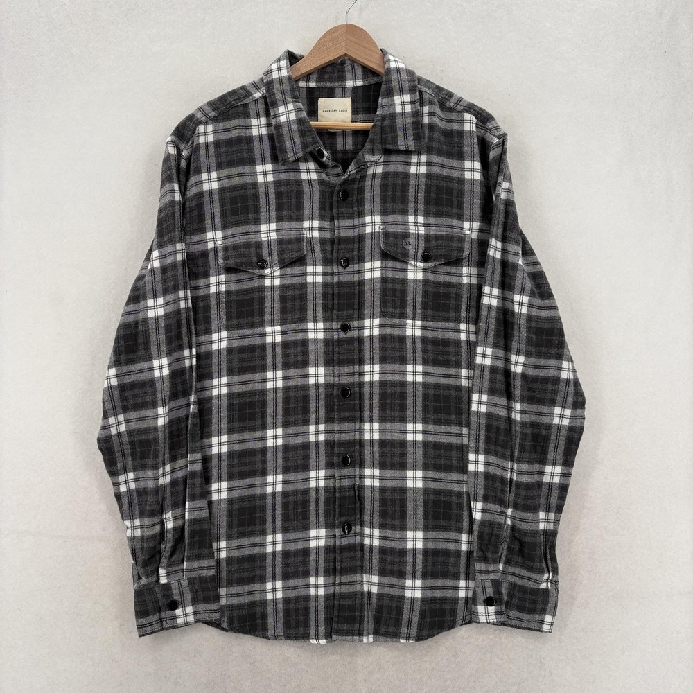 American Eagle Shirt Mens XL Gray Plaid Flannel Long Sleeve Casual Warm Cozy